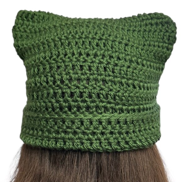 Crochet Cat Ear Cuff Beanie Unisex Green Brand New Handmade - Picture 3 of 4
